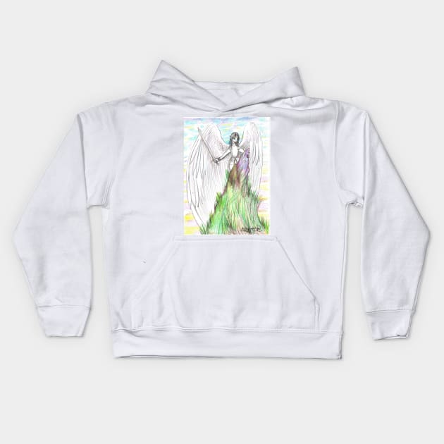 Archangel Angel Winged Man Flying Sword Mountain God Kids Hoodie by pegacorna